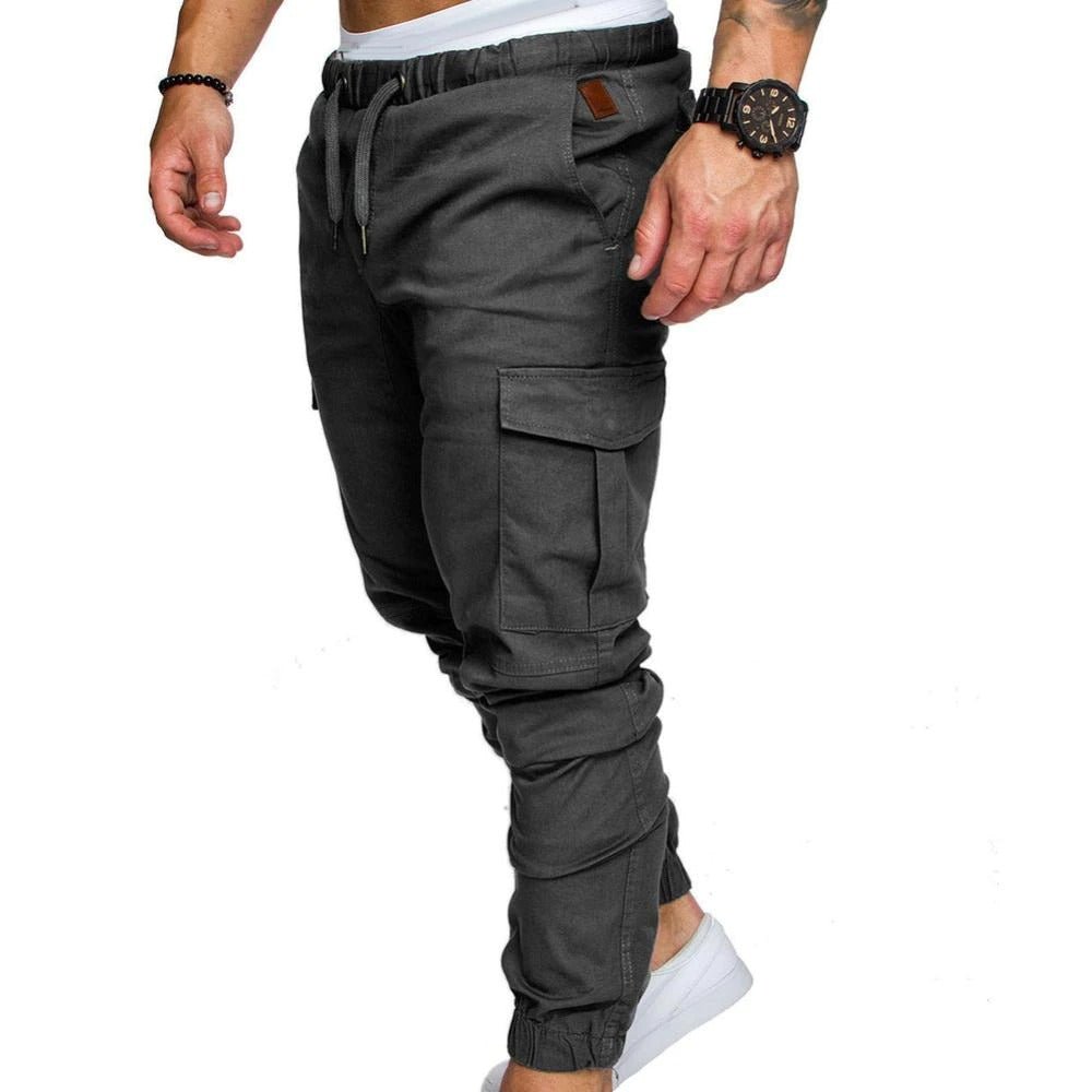 Tapered drawstring cargo joggers, close-up detail