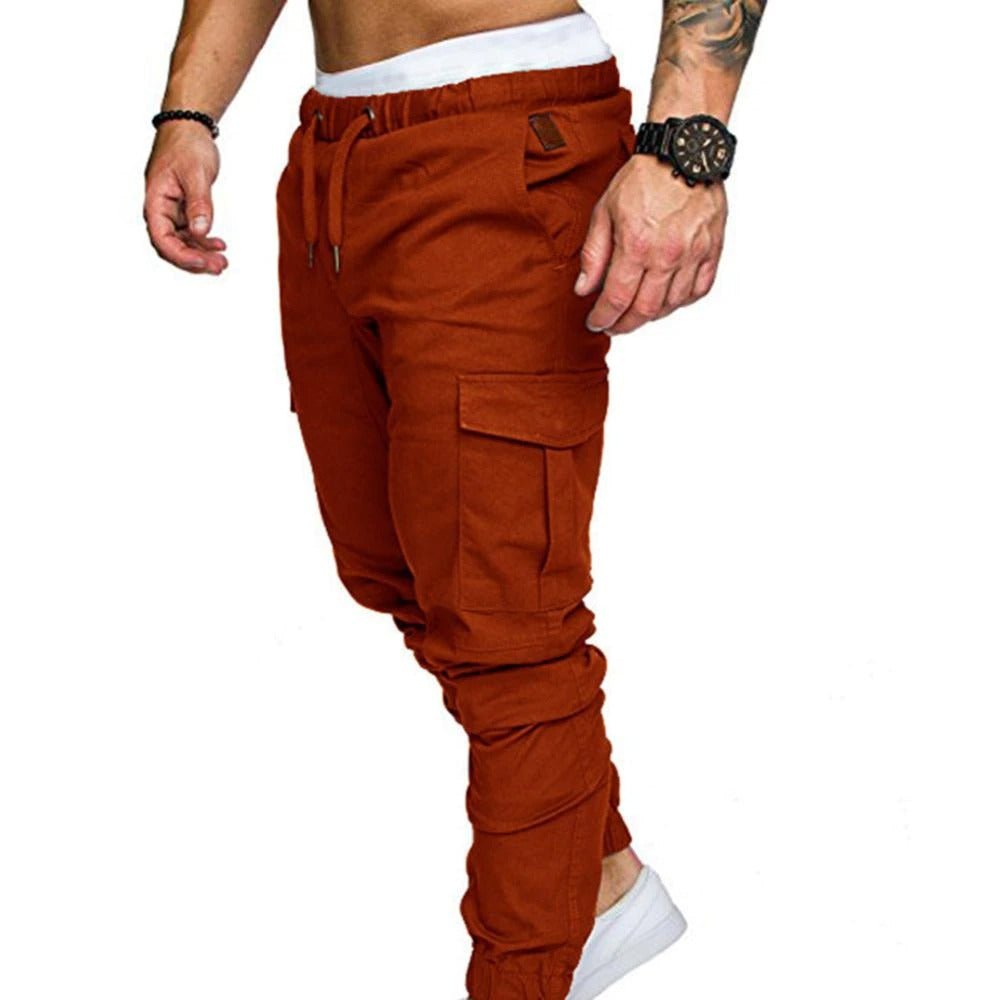 Tapered drawstring cargo joggers, styled front view
