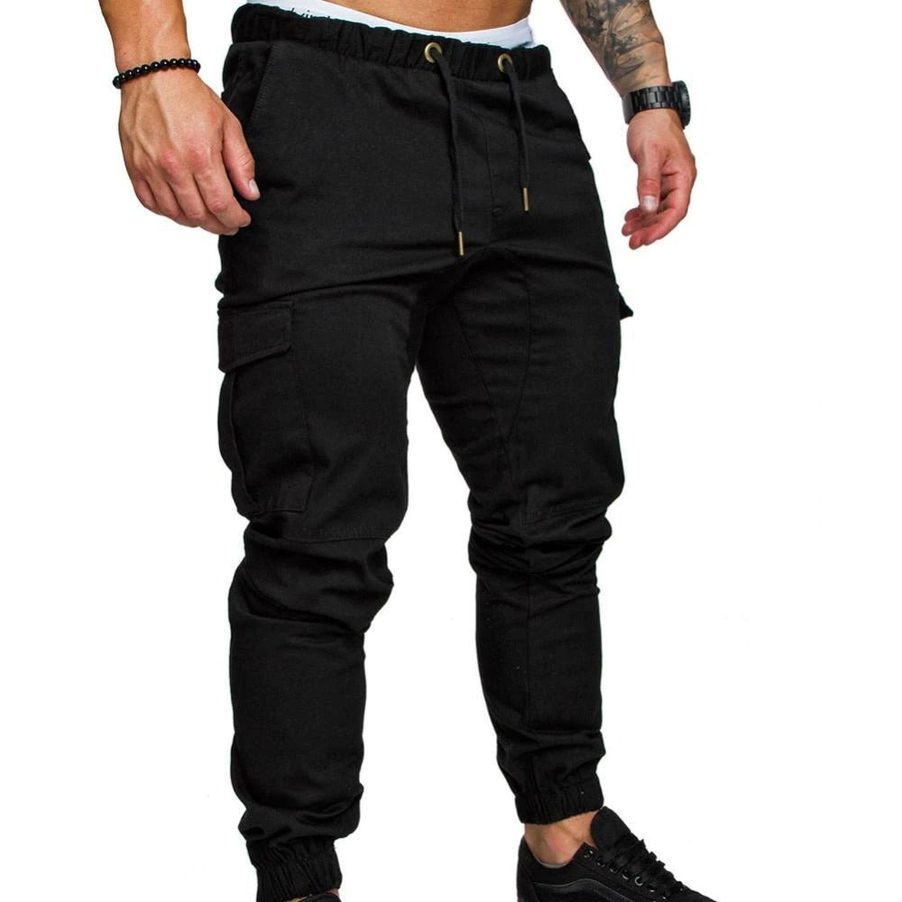 Tapered drawstring cargo joggers, black color view