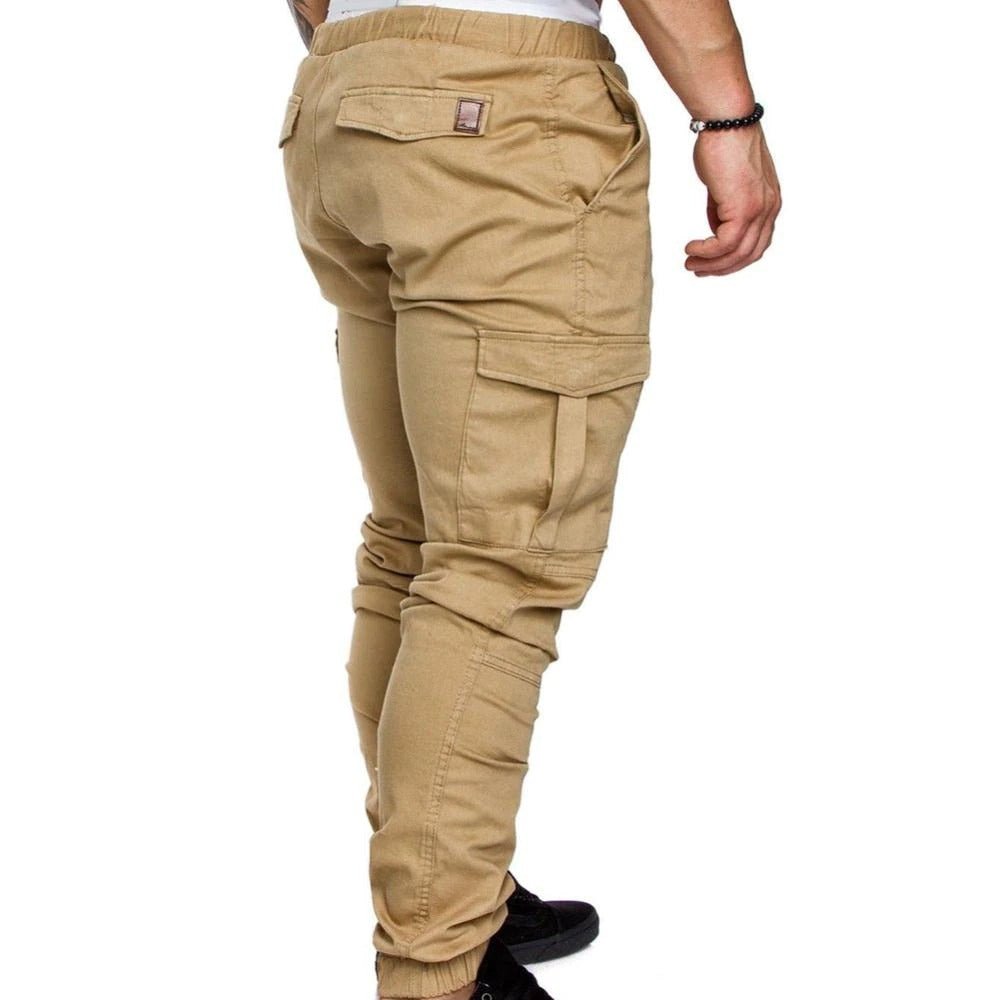 Tapered drawstring cargo joggers, worn front view
