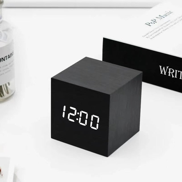 Wooden Cube LED Alarm Clock