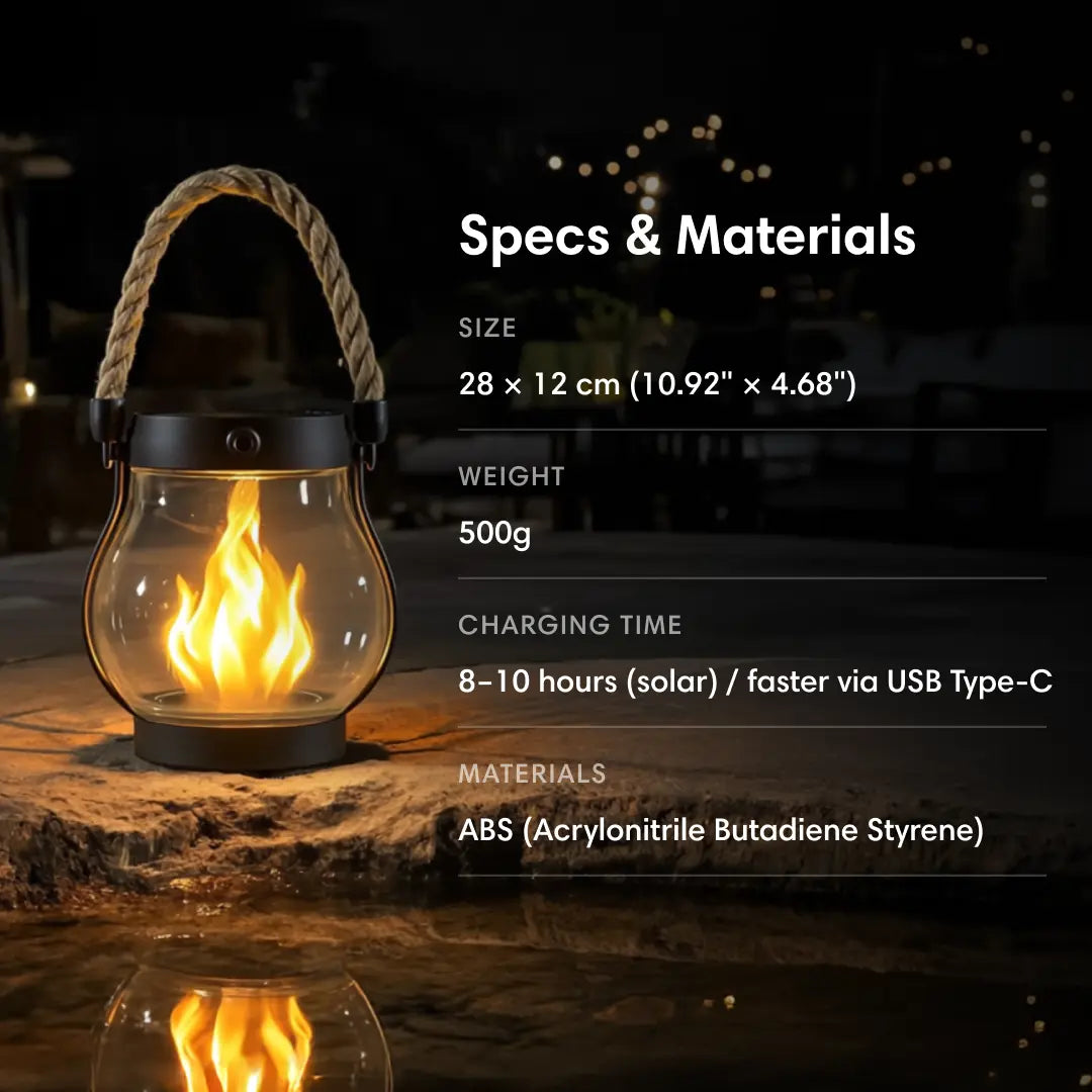 Close-up solar flame effect lantern with glass bulb, rope handle, glowing flame.
