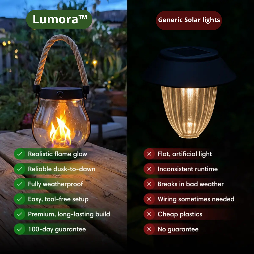 Glass solar flame lantern with black top and rope handle, warm flame-like glow.