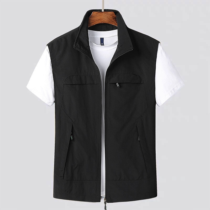 Men's black lightweight quick-dry vest with zip-front and chest pockets