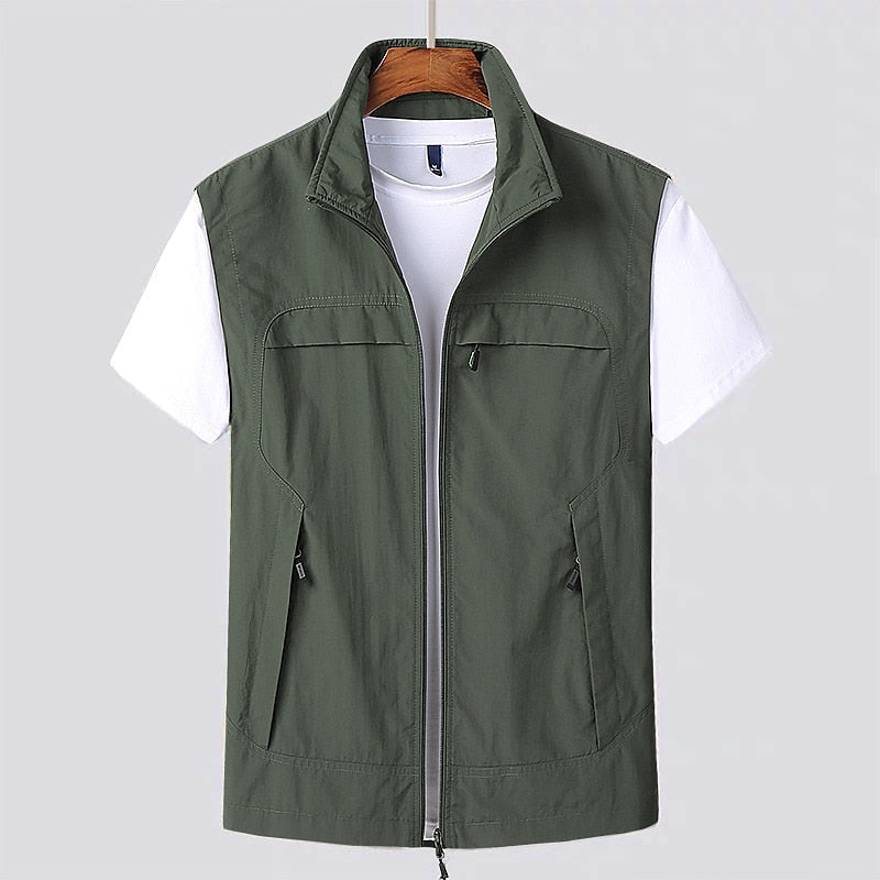 Army green lightweight quick-dry vest with zip-front and side pockets