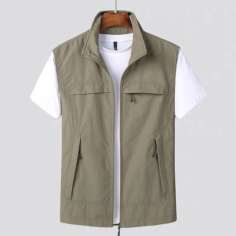 Khaki lightweight quick-dry vest with zip-front and chest pockets