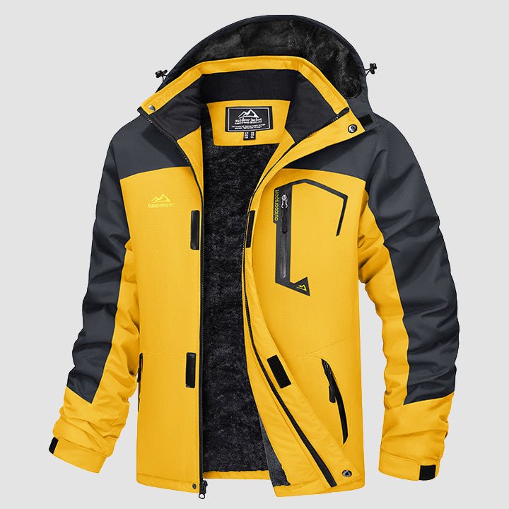 Water-repellent ski jacket in yellow and black, hooded front close-up