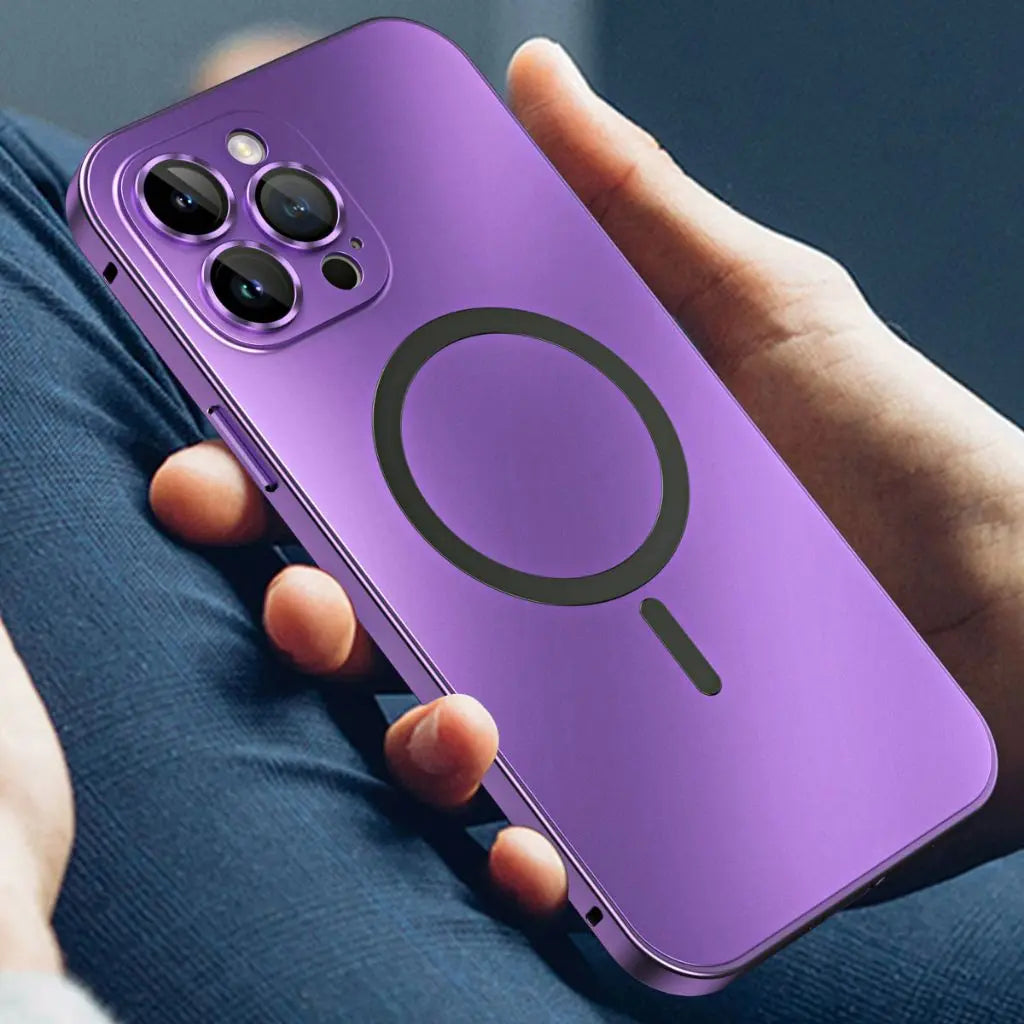 Magnetic metal iPhone case in purple with circular magnetic ring, held in a hand