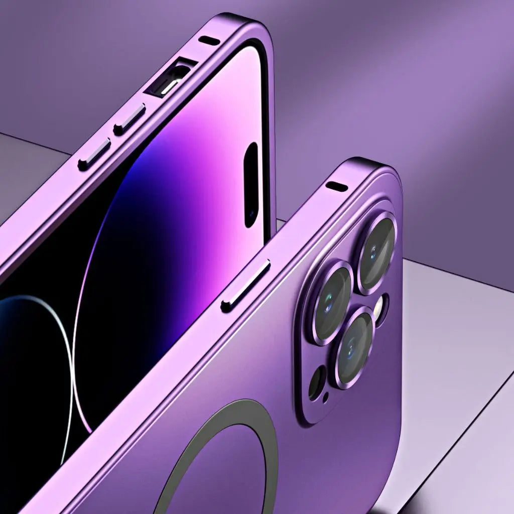 Purple magnetic metal iPhone case shown at an angle with circular ring and camera cutouts