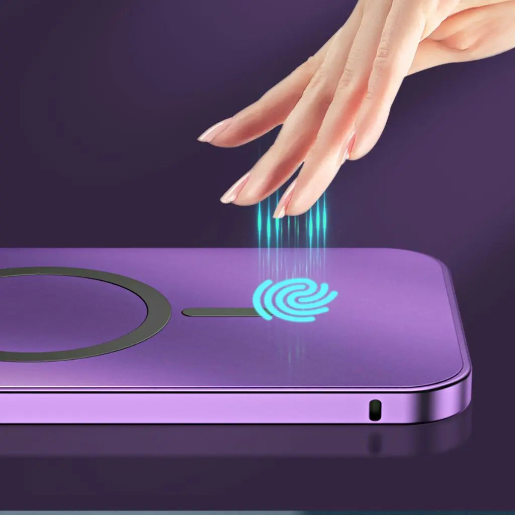 Purple magnetic metal iPhone case with circular ring; glowing wireless charging icon