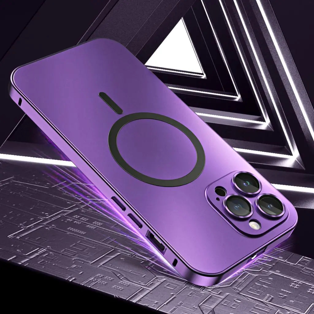 Magnetic metal iPhone case in purple, with magnetic ring and camera cutouts