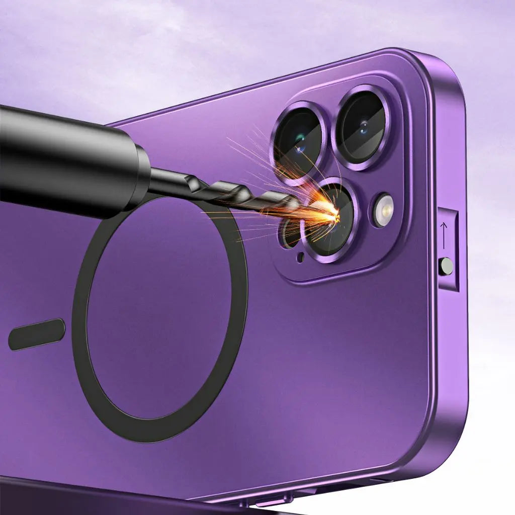 Purple magnetic metal iPhone case with circular ring, camera cutouts, and side openings
