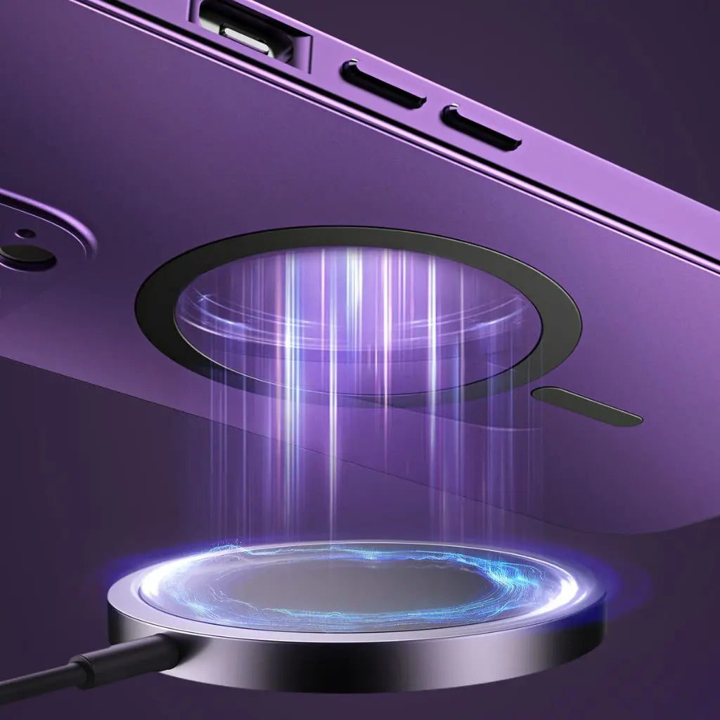 Purple magnetic metal iPhone case with circular magnet ring cutout and camera opening