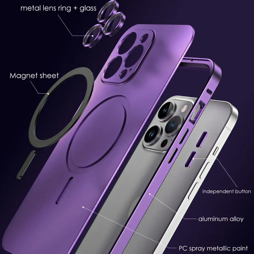 Magnetic metal iPhone case with circular lens ring, magnet sheet, and metallic backplate design