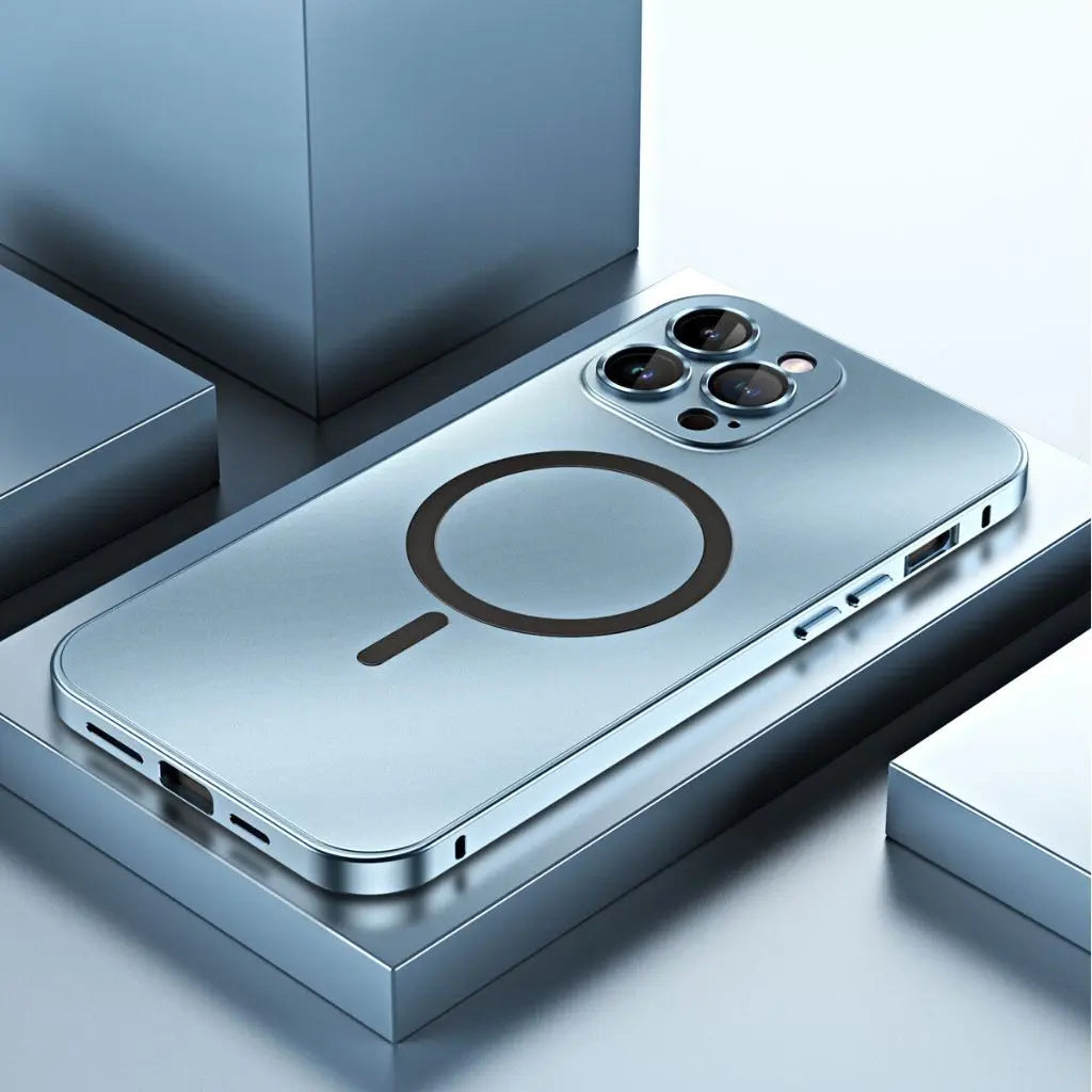 Magnetic metal iPhone case in silver with circular ring detail and camera cutouts