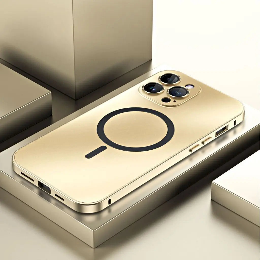 Magnetic metal iPhone case in gold with circular ring detail on back and camera module