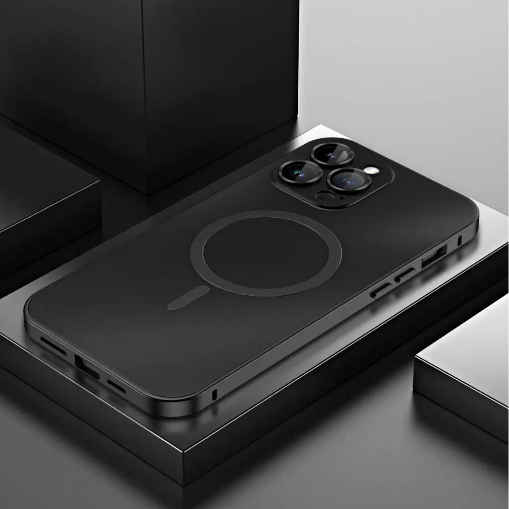 Magnetic metal iPhone case in dark gray with circular ring on back and camera cutouts