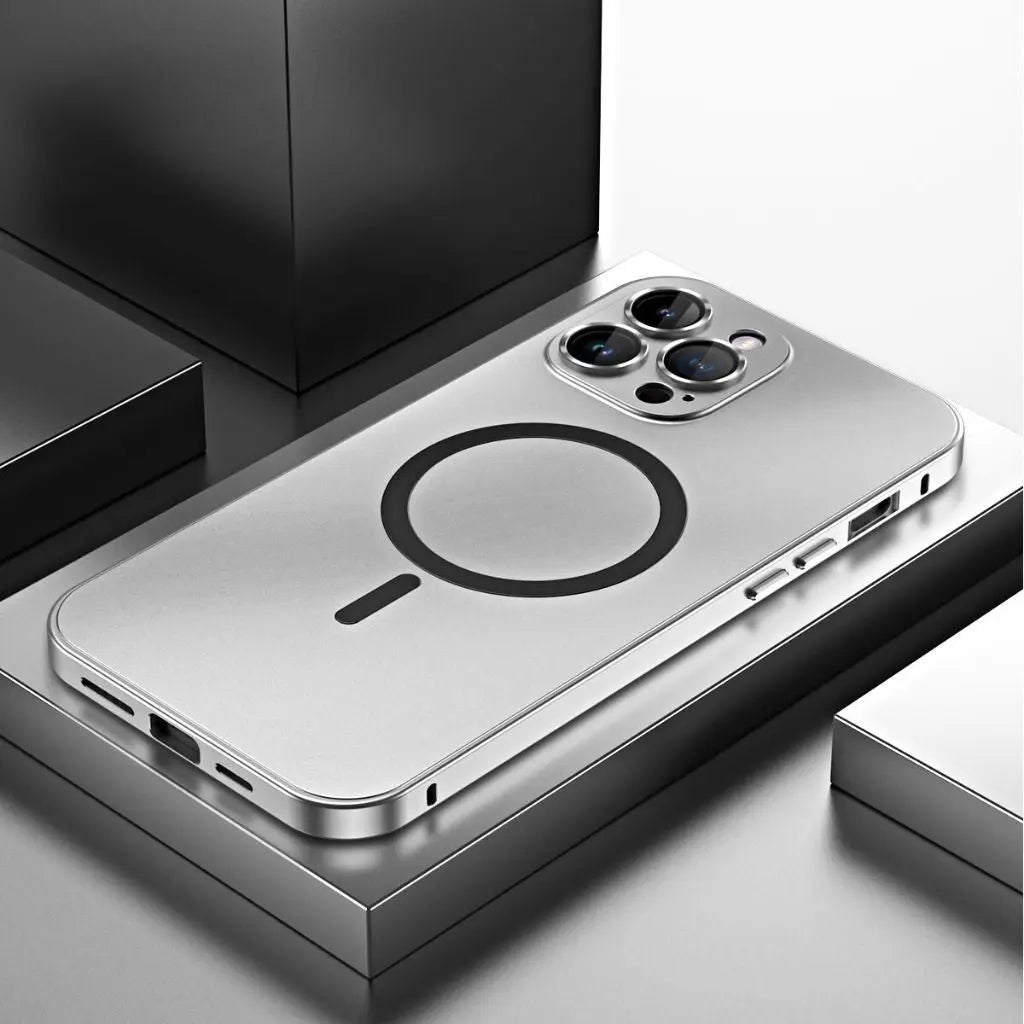 Magnetic metal iPhone case in silver with circular ring on back, showing camera module