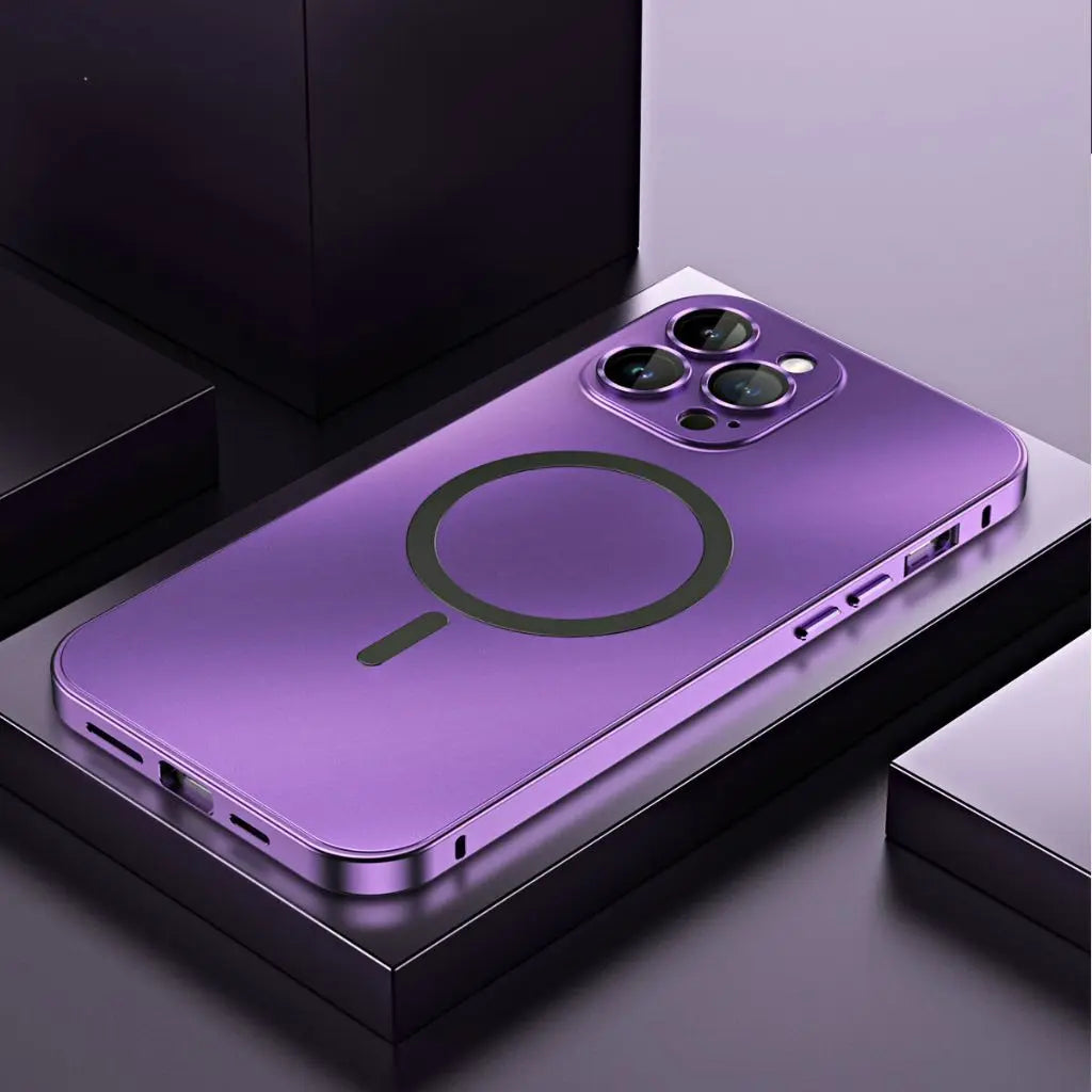 Magnetic metal iPhone case in purple with circular ring and side button openings