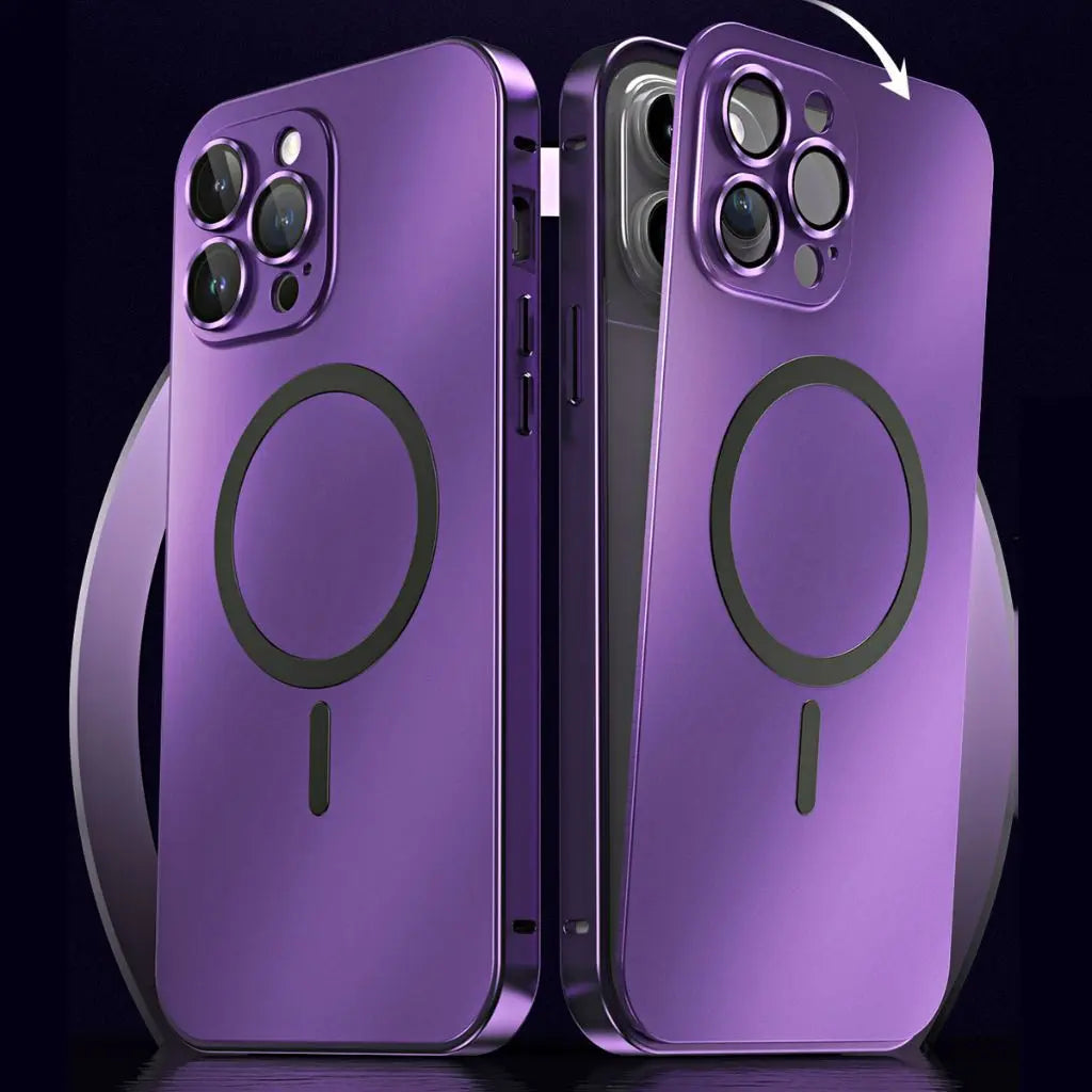 Purple magnetic metal iPhone case with circular ring; pair shown side-by-side