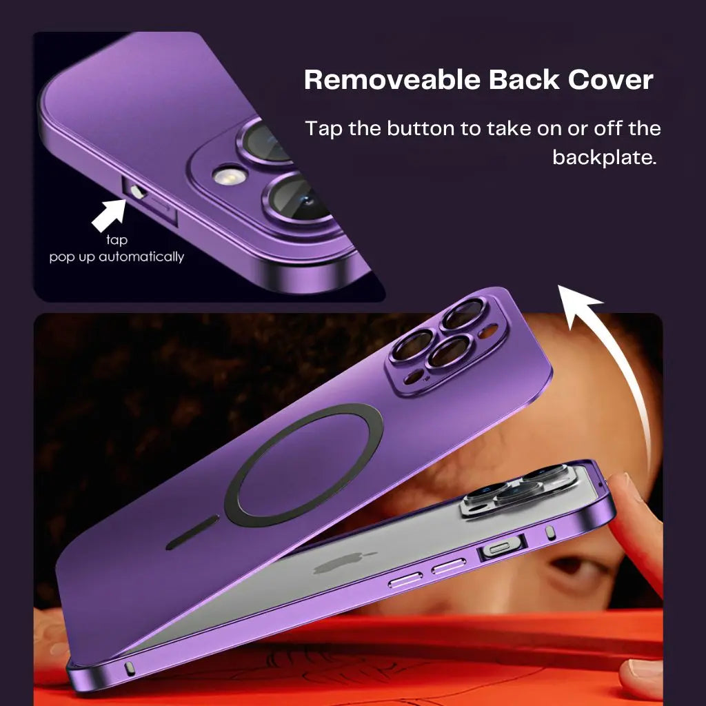 Purple magnetic metal iPhone case with removable back cover and circular ring