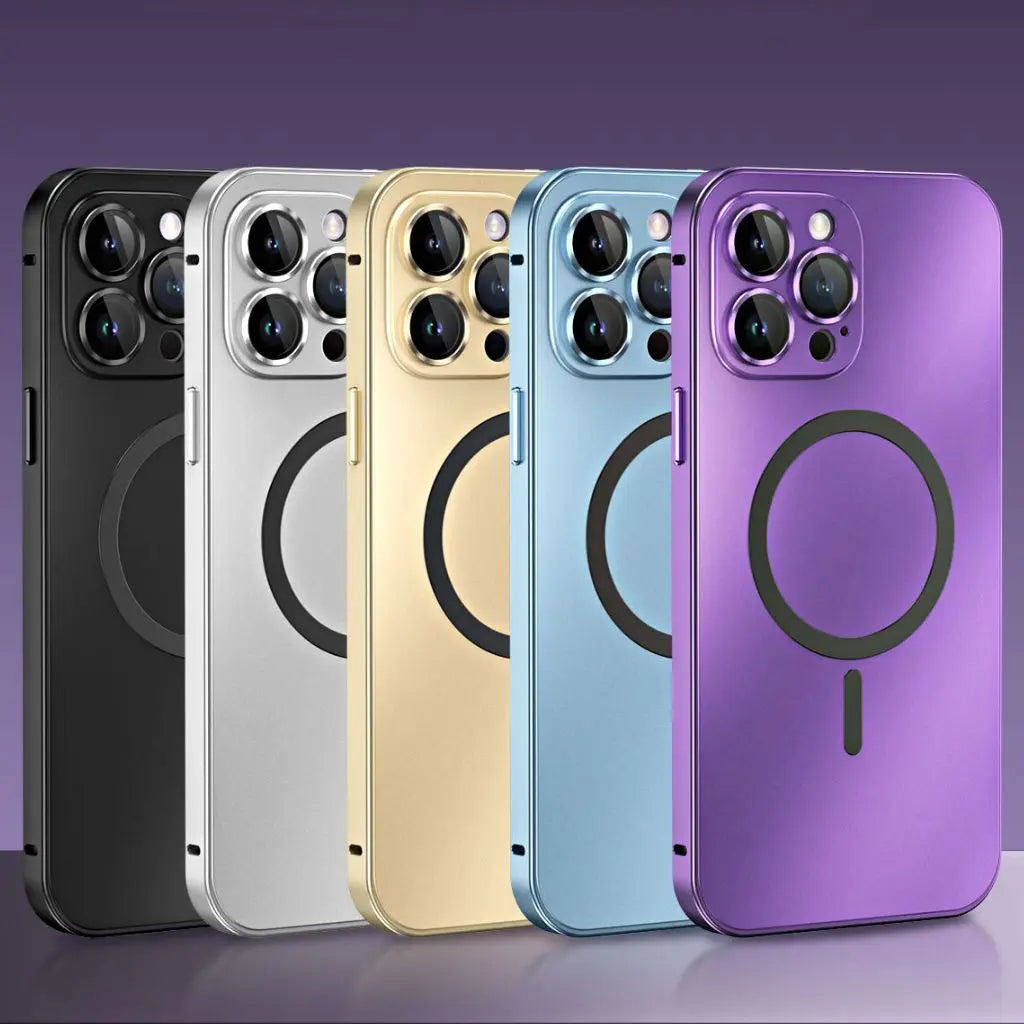 Set of magnetic metal iPhone cases in multiple colors, each with circular ring and camera cutouts