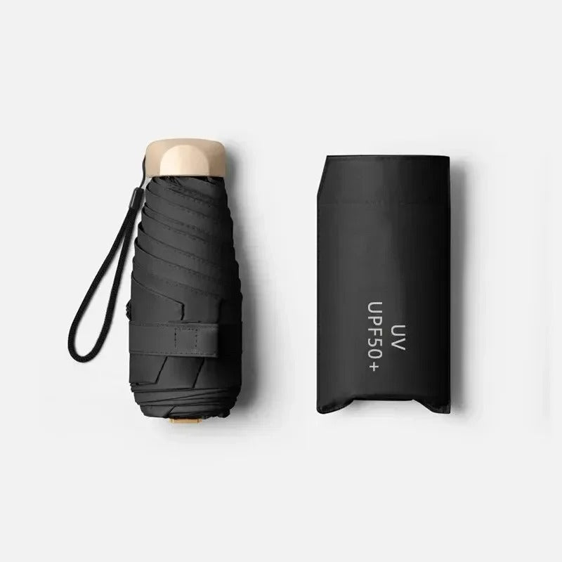 Compact mini foldable umbrella, black cover with wrist strap and UV-protection pouch