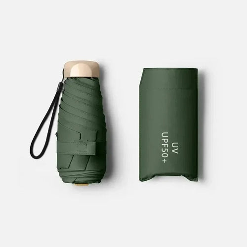 Dark green compact foldable mini umbrella with wrist strap and protective cover
