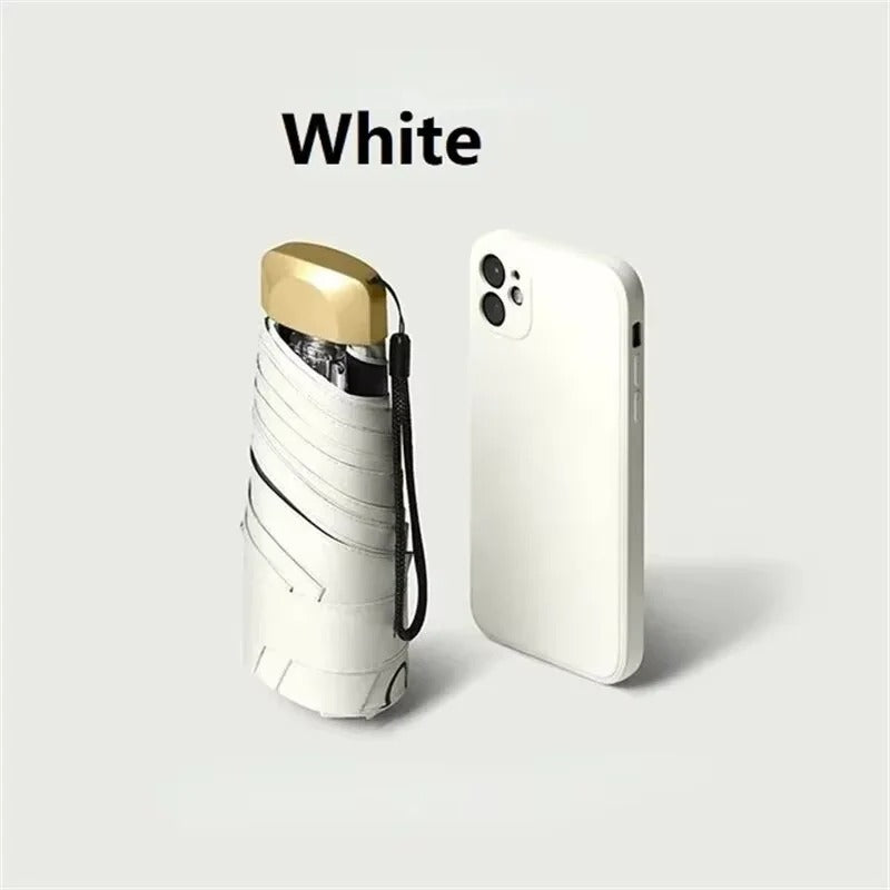 White compact foldable mini umbrella with black wrist strap and protective cover