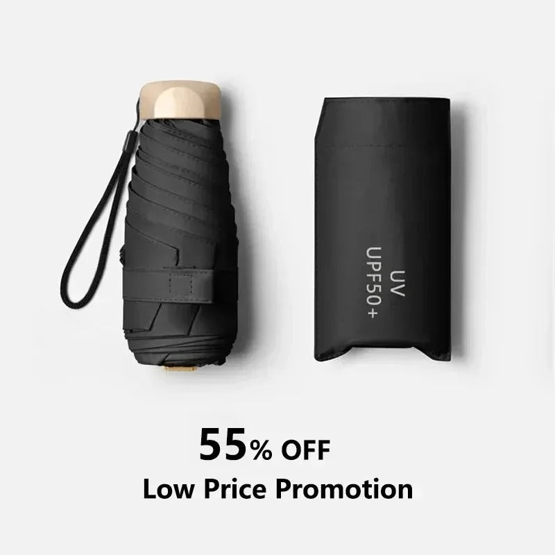 Black compact foldable mini umbrella with wrist strap and protective cover