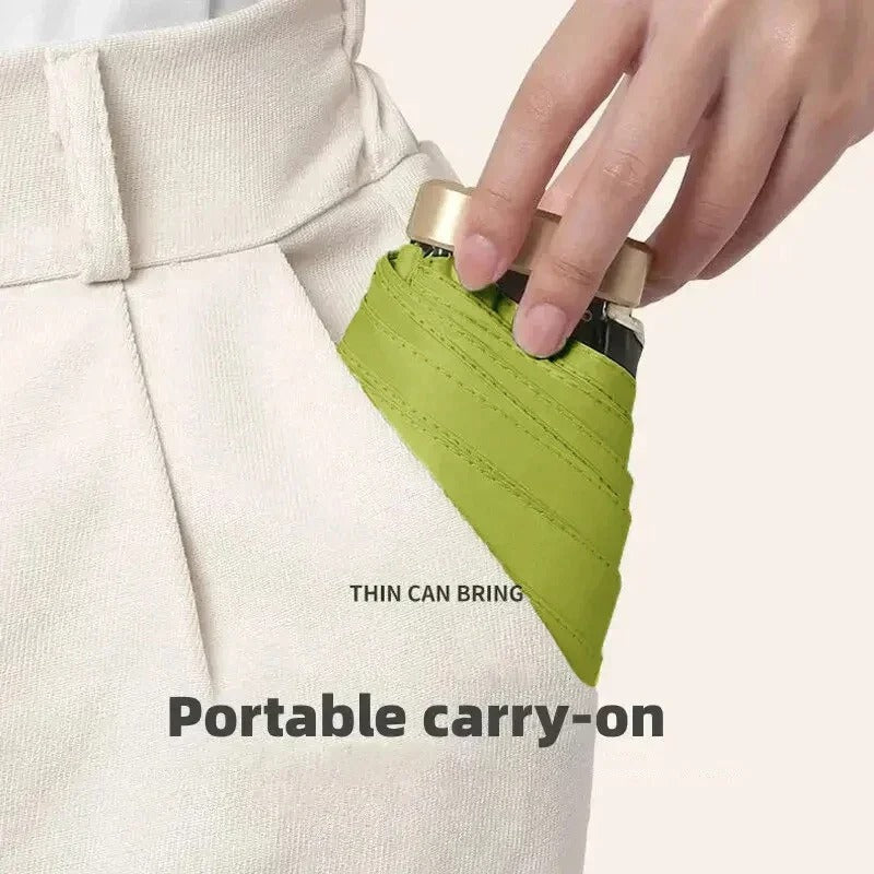 Lime green compact foldable mini umbrella in carry pouch, held by hand
