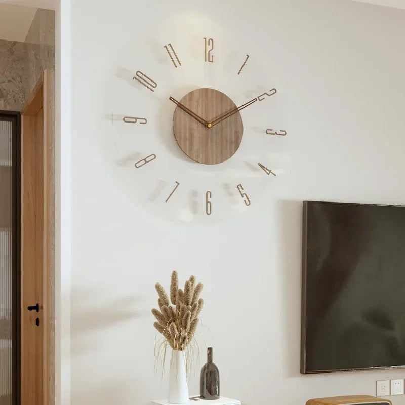 Solid wood wall clock with outer wooden ring, wood center, and slim gold-tone hands