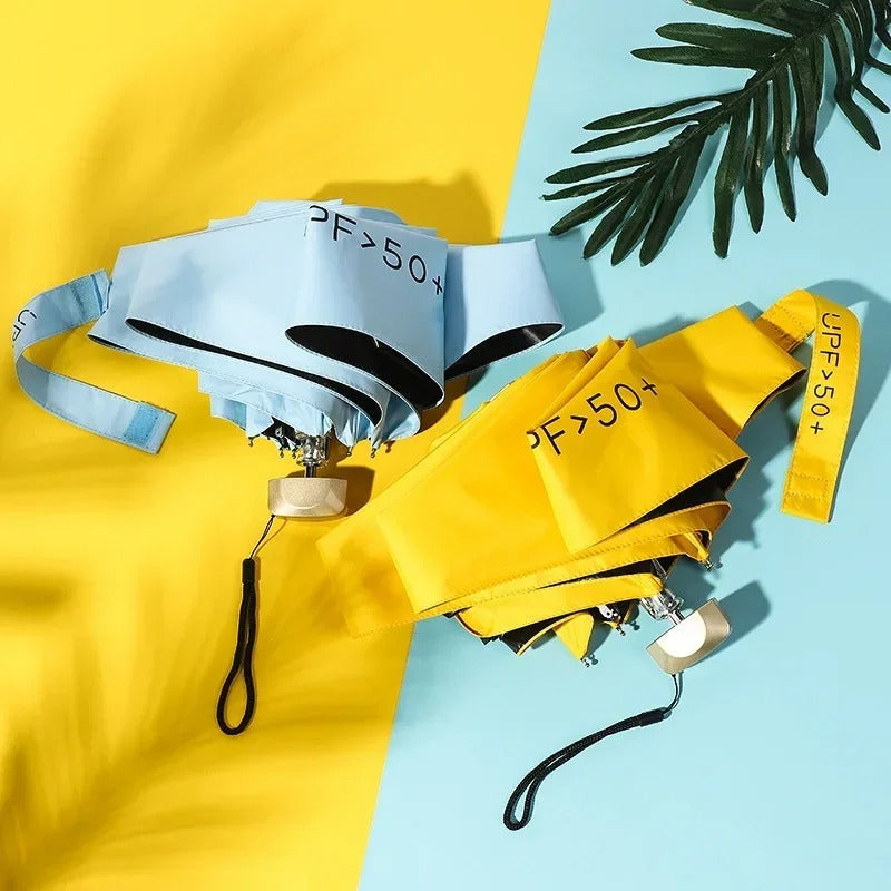 Yellow compact foldable mini umbrella with black wrist strap and protective pouch