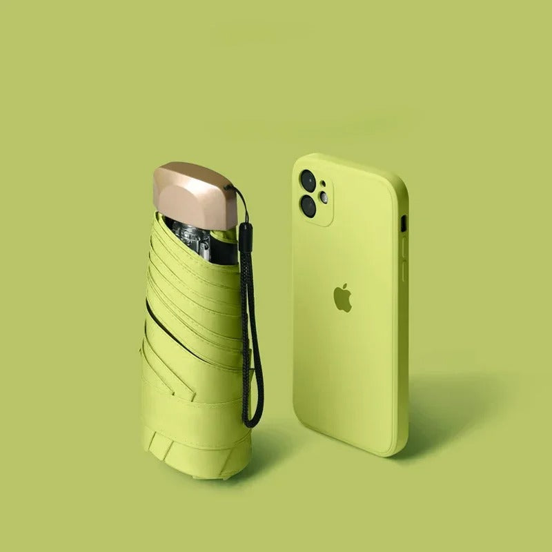 Light green compact foldable mini umbrella with wrist strap and protective pouch
