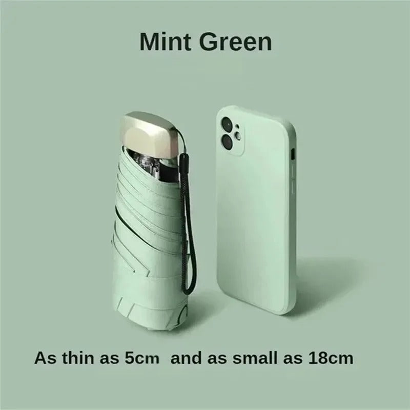Compact mini foldable umbrella, mint-green cover with wrist strap