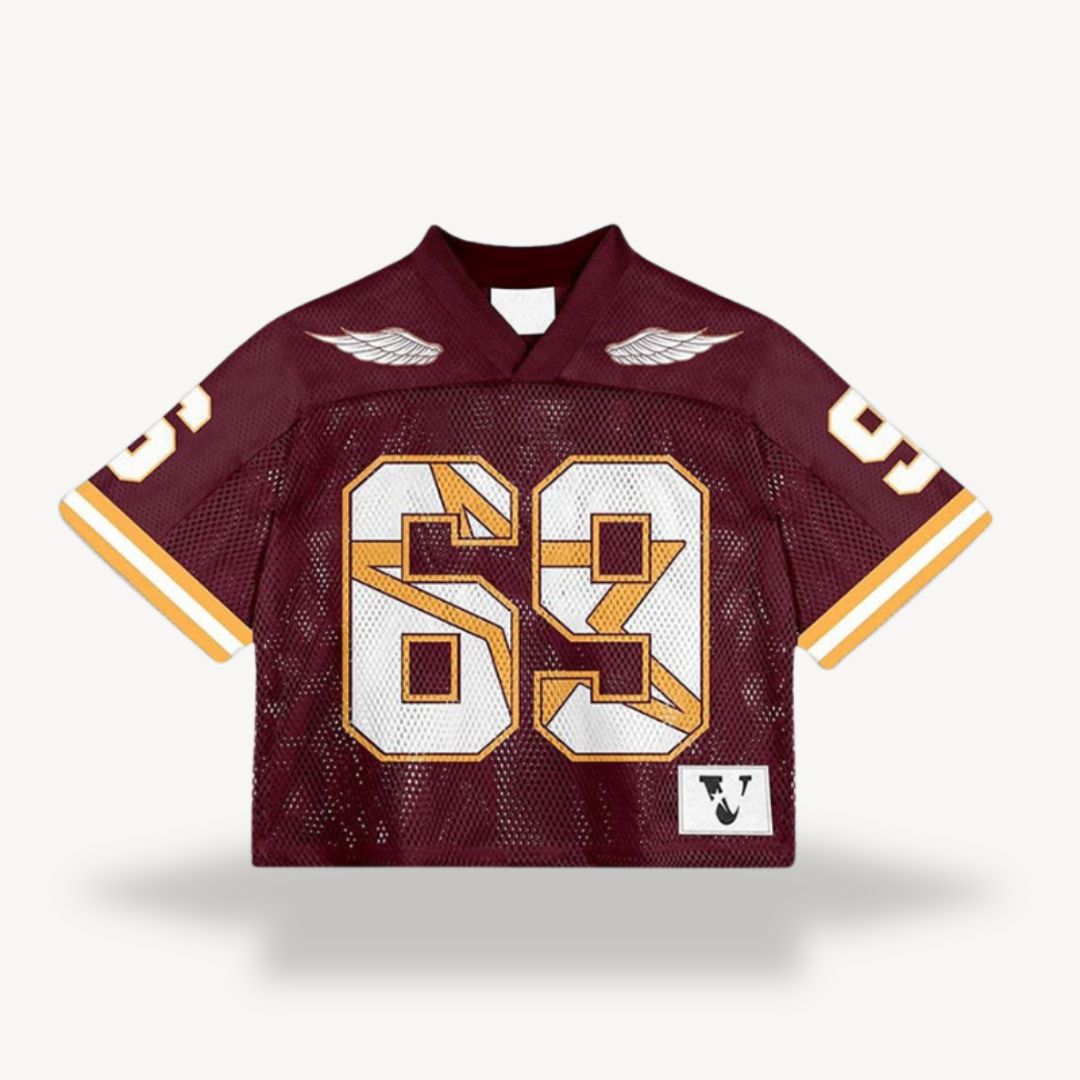 Wine V-neck short sleeve jersey shirt with gold numbers 63 and wing-style sleeve details