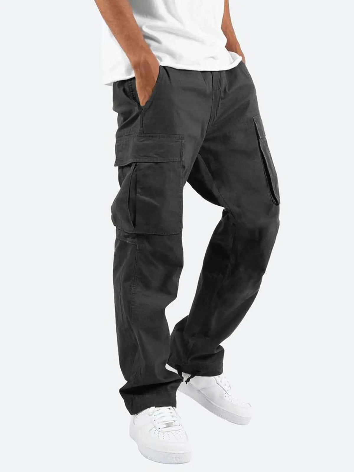 Relaxed drawstring cargo pants, close-up detail
