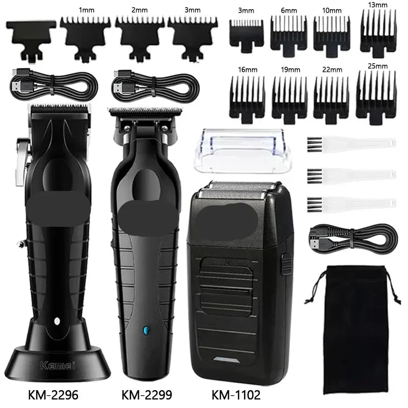 Black electric hair clipper kit with guard combs, charger cord, and storage pouch