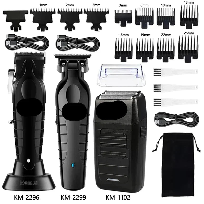 Black electric hair clipper kit with 2 clippers, blade combs, storage case, and pouch