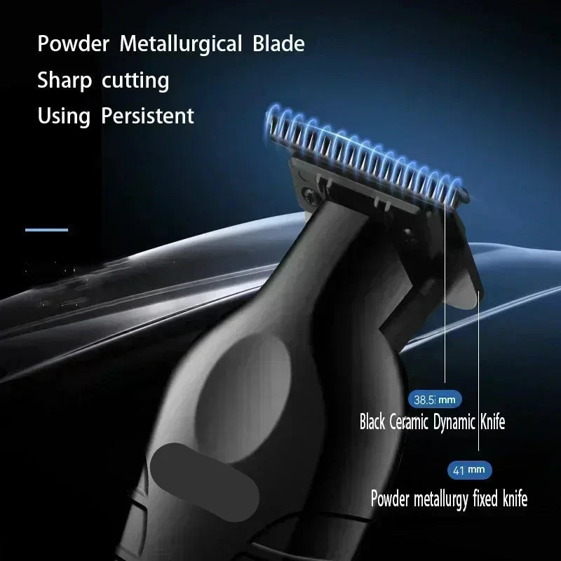 Electric hair clipper blade close-up with guard combs and metal cutting teeth
