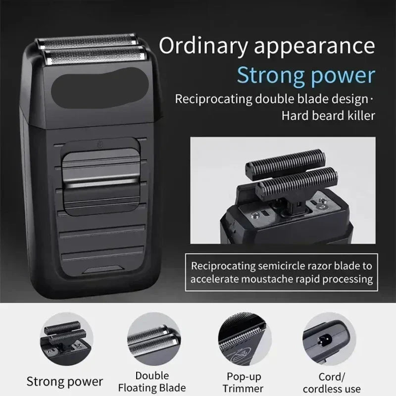 Black electric hair clipper with foil trimmer head and accessory blade set