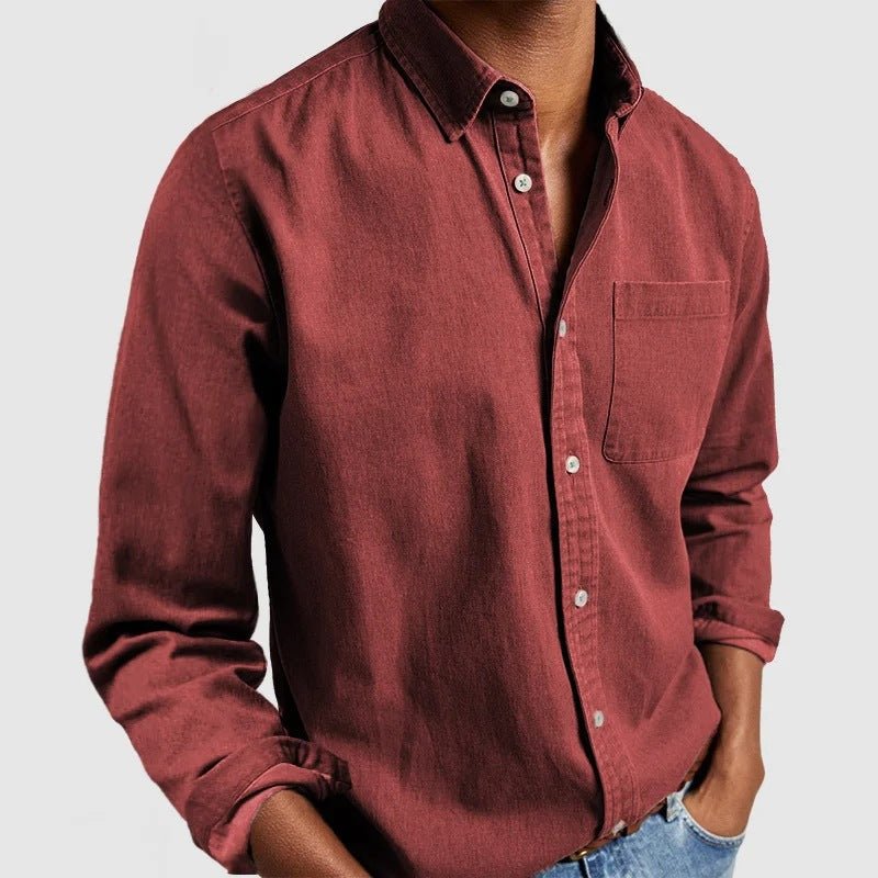 Burgundy red button-front relaxed shirt with chest pocket, long sleeves.