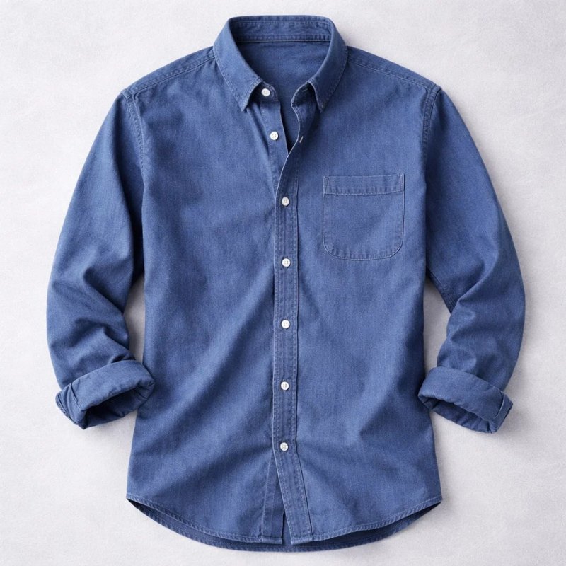 Blue button-front relaxed shirt with chest pocket, long sleeves.