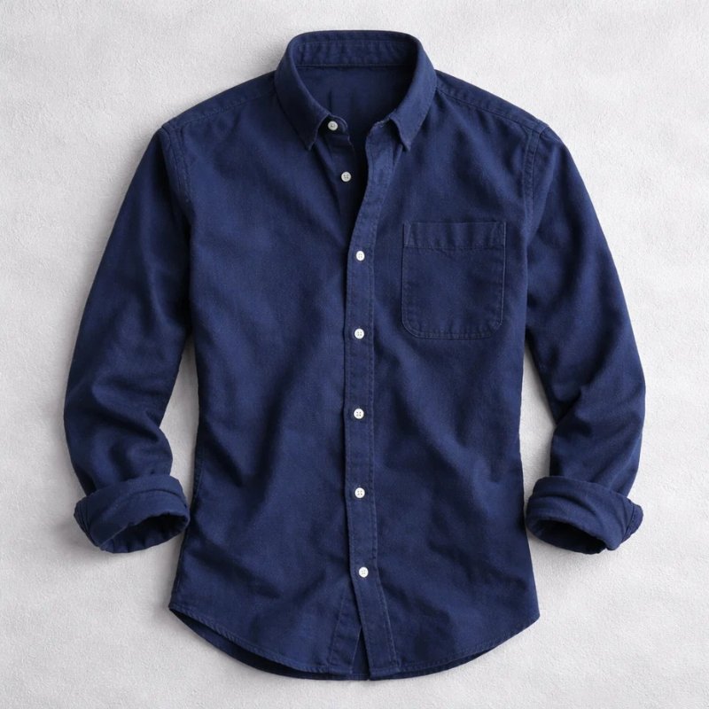 Navy button-front relaxed shirt with chest pocket, long sleeves.