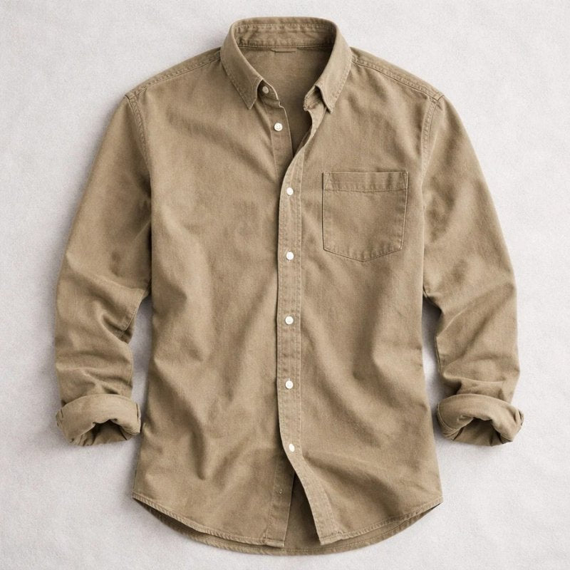 Tan button-front relaxed shirt with chest pocket, long sleeves.