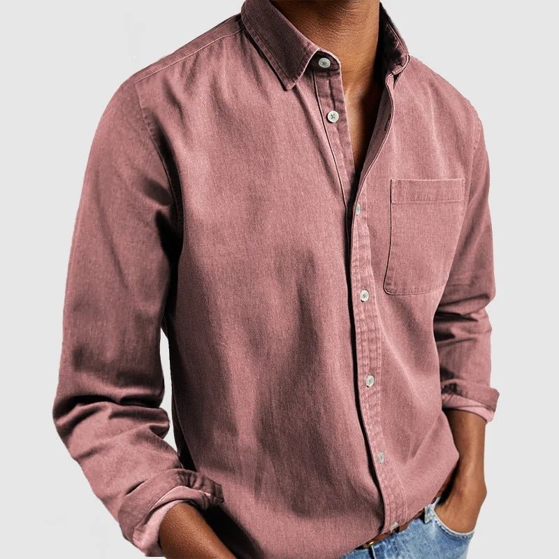 Mauve pink button-front relaxed shirt with chest pocket, long sleeves.