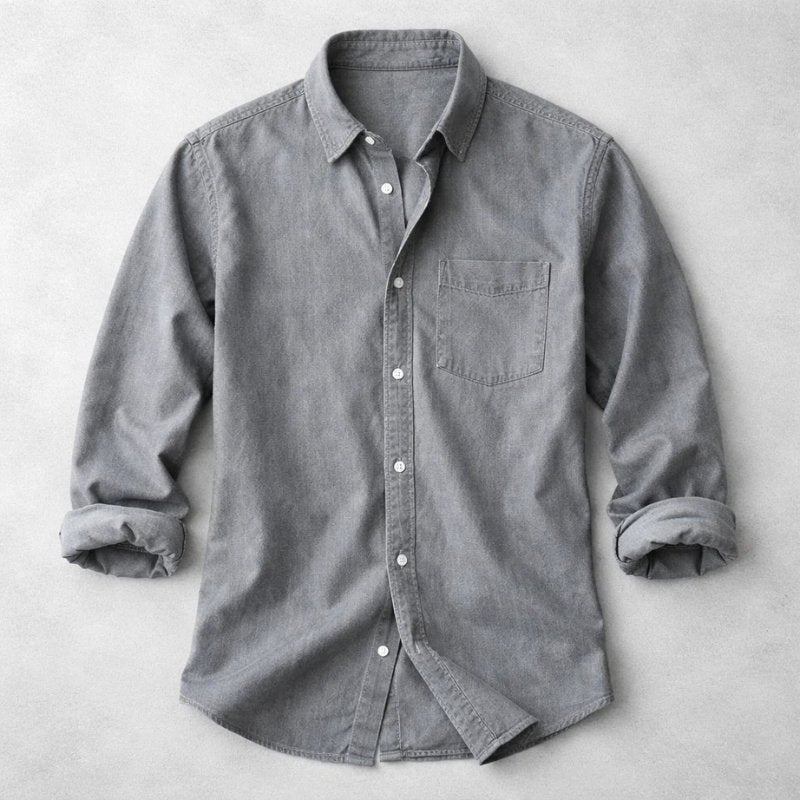 Gray button-front relaxed shirt with chest pocket, long sleeves.