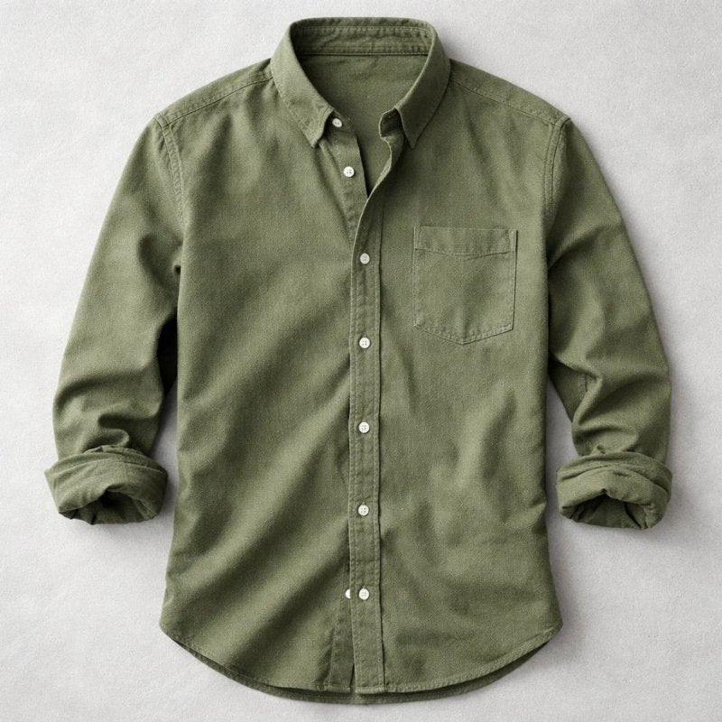 Green button-front relaxed shirt with chest pocket, long sleeves.