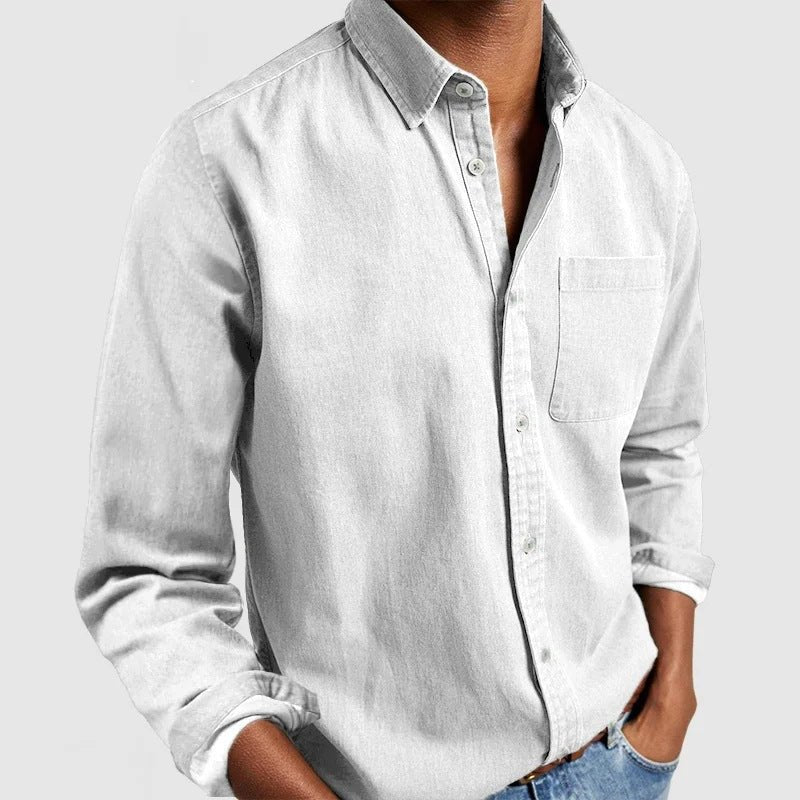 Men's vintage button-front relaxed shirt in light gray with chest pocket