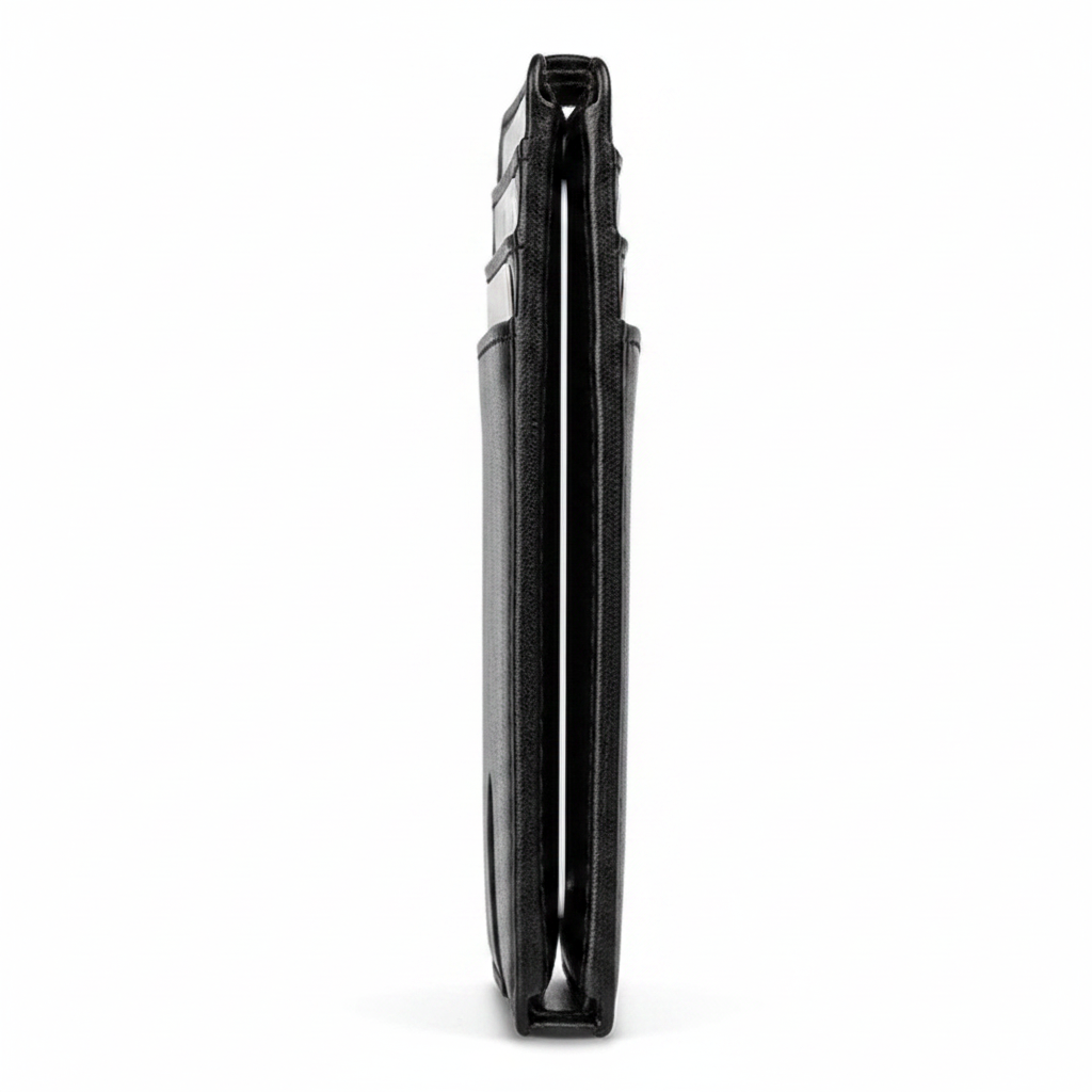 Black leather wallet side view with slim profile and stitched edges
